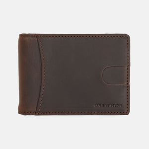 Dark brown full grain leather slim wallet with exterior curved pocket