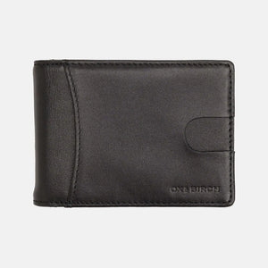 Black full grain smooth leather slim wallet with curved front pocket