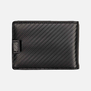 Back exterior of a black carbon fiber slim wallet for men