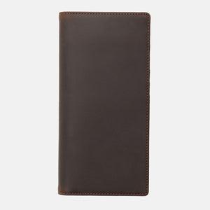 Front exterior of a dark brown full grain leather long bifold wallet