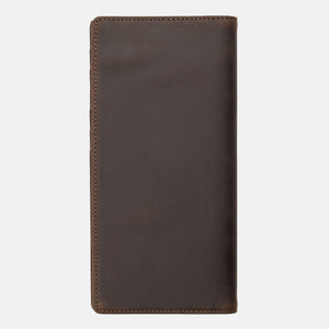 Back exterior of dark brown full grain long wallet for men