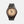 A dark brown wooden watch with striped face and a black strap shown on a white background