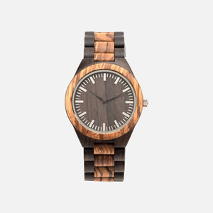 Two toned wooden watch for men with zebra wood and sandalwood. Silver markings and black hour and minute hands.