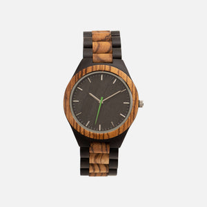 Mens two toned wooden watch with silver markers and green second hand on the white background