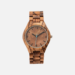 Mens wooden watch with zebra wood and blue second hand - Ox & Birch