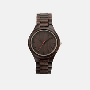 Dark brown sandalwood watch for men. Black dial with red second hand