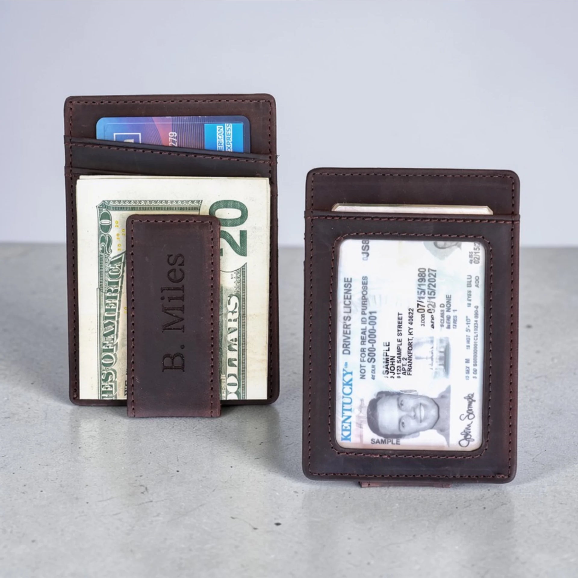 Personalized Dark Brown Leather Money Clip with ID Window | Full Grain Personalized Dark Brown Leather Money Clip with ID Window | Full Grain