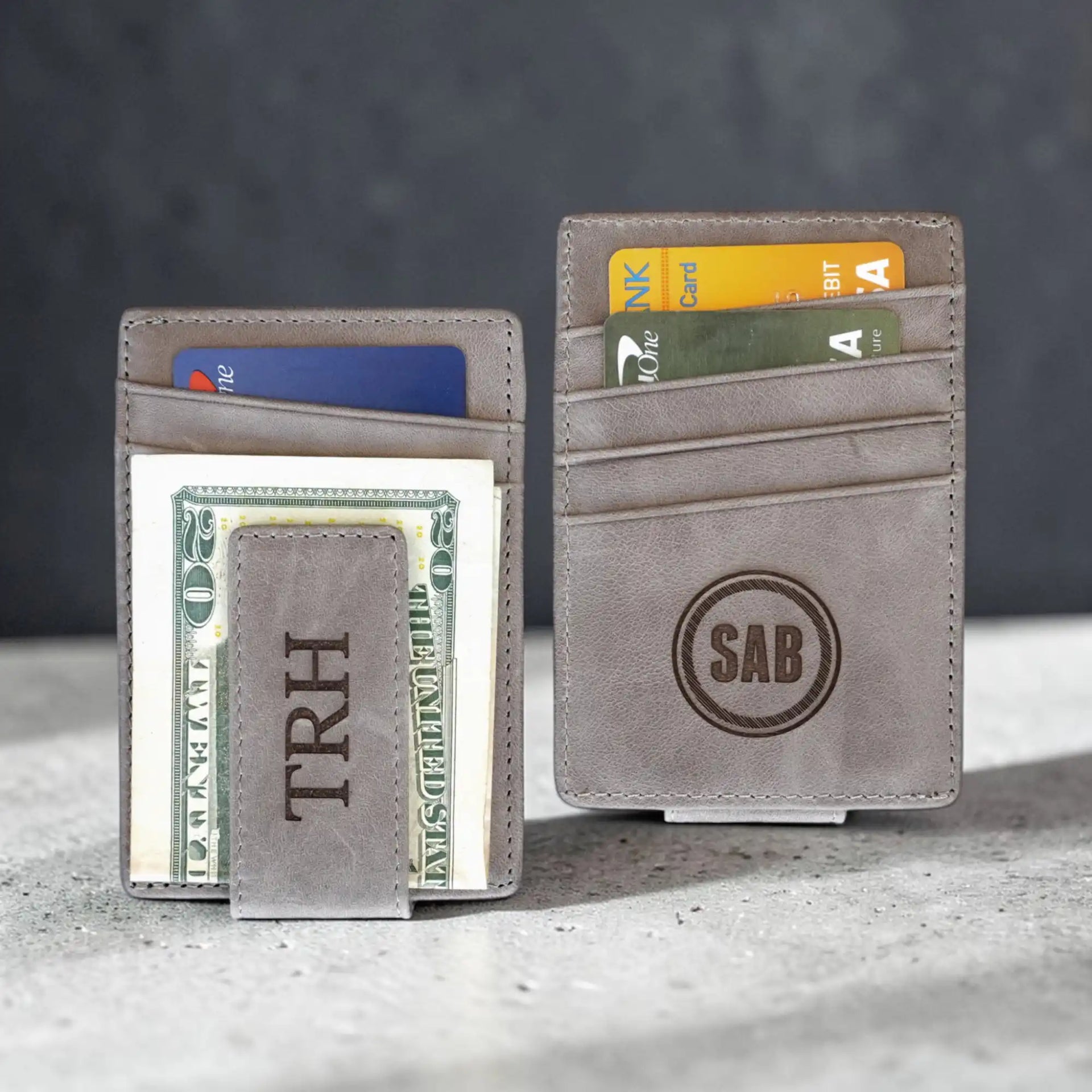 Personalized Gray Leather Money Clip | RFID Blocking | Engraved
