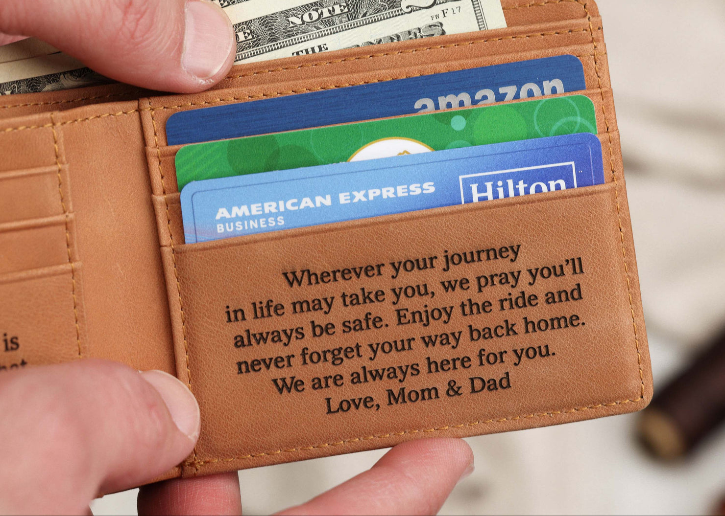 Personalized Brown Genuine Leather Wallet, Graduation Gift for Him, 4.35"W x 3.45"H