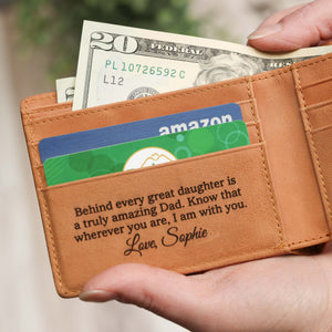 Engraved Mens RFID Bifold Wallet With Personalized Message on Left Pocket.