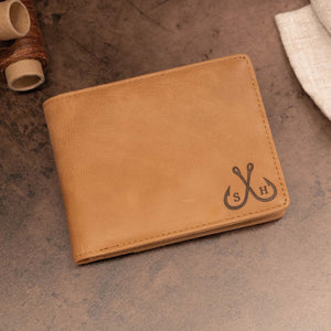 Brown Bifold Wallet for Men Showing Personalized Fish Hooks Design on Front.