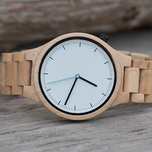 maple wood watch with white face and blue second hand, mens wooden watch, mens wrist watch