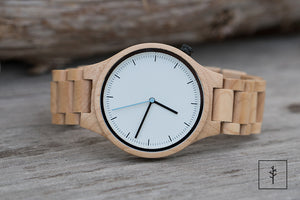 maple wood watch with white face and blue second hand, mens wooden watch, mens wrist watch