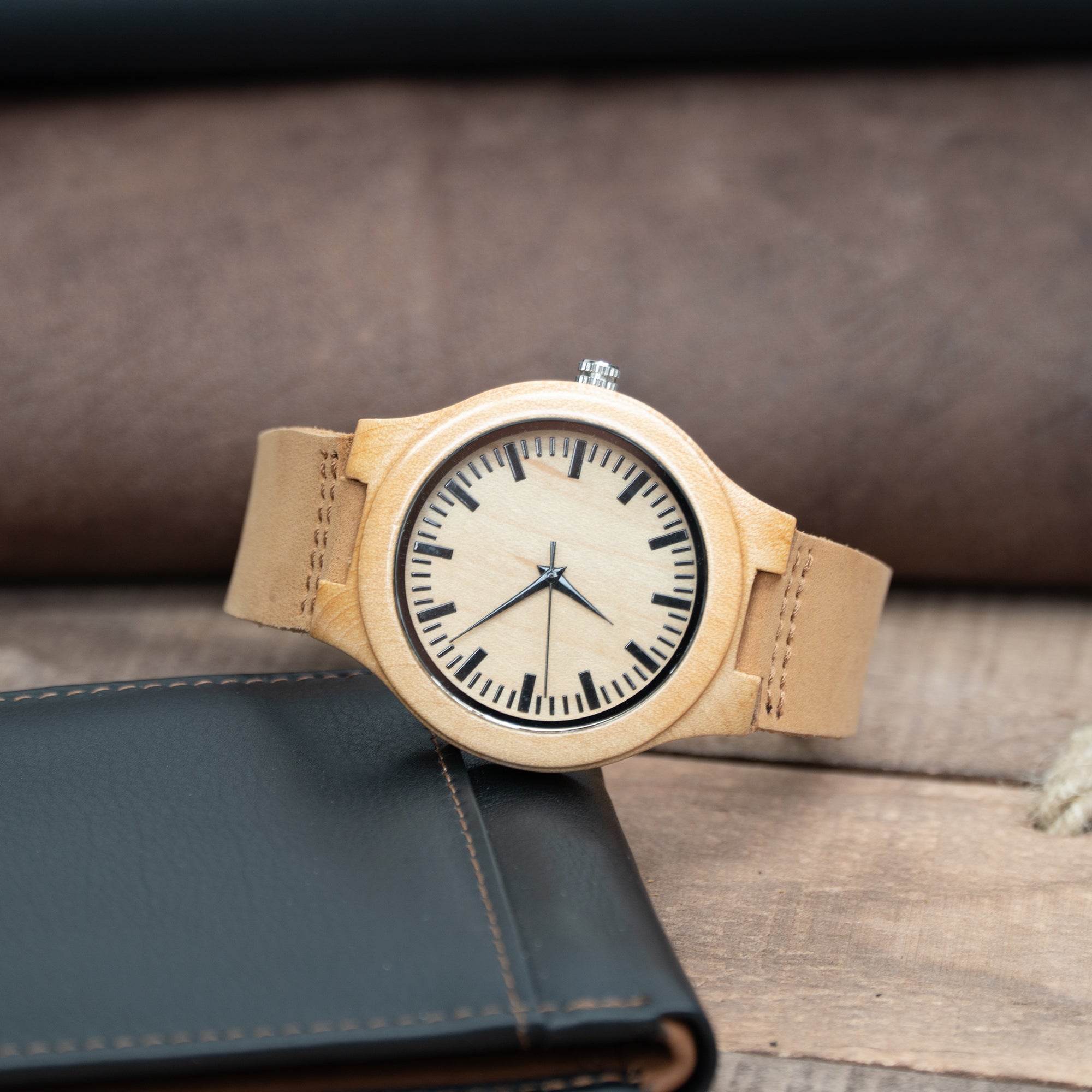 Tan Leather Wood Watch | Theo - Ox & Birch