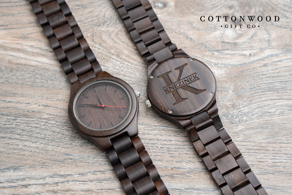 Mens Dark Brown Wood watch that is personalized with a custom laser engraving on the back